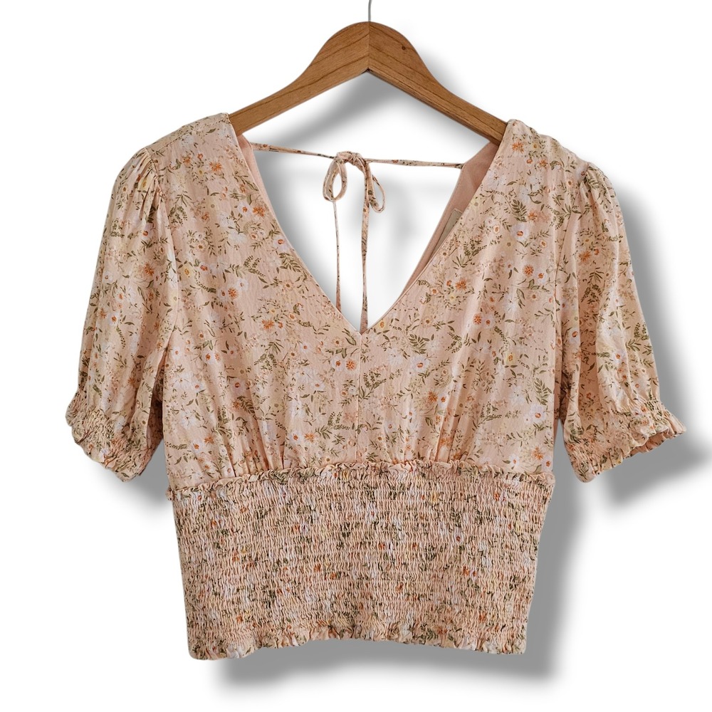 Madden Girl Top M Womens Peach Floral Smocked Waist Puff Sleeve Milkmaid Cottage